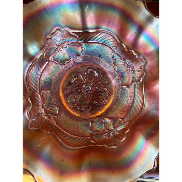 Antique Dugan Diamond Pink Stretch Apple Blossom Carnival Glass Bowl 8" - Picture 8 of 8